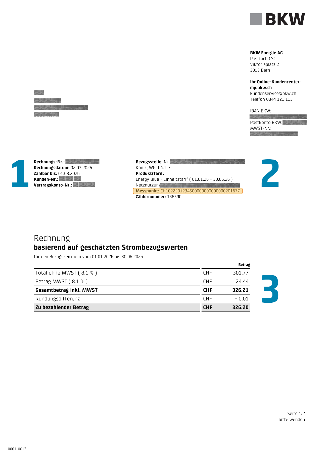 Erste Seite einer BKW-Musterrechnung mit gelb markierter Messpunkt-Zeile
